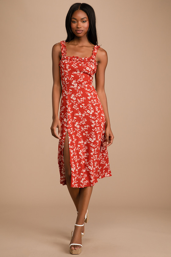 Red Dress - Floral Print Midi Dress ...